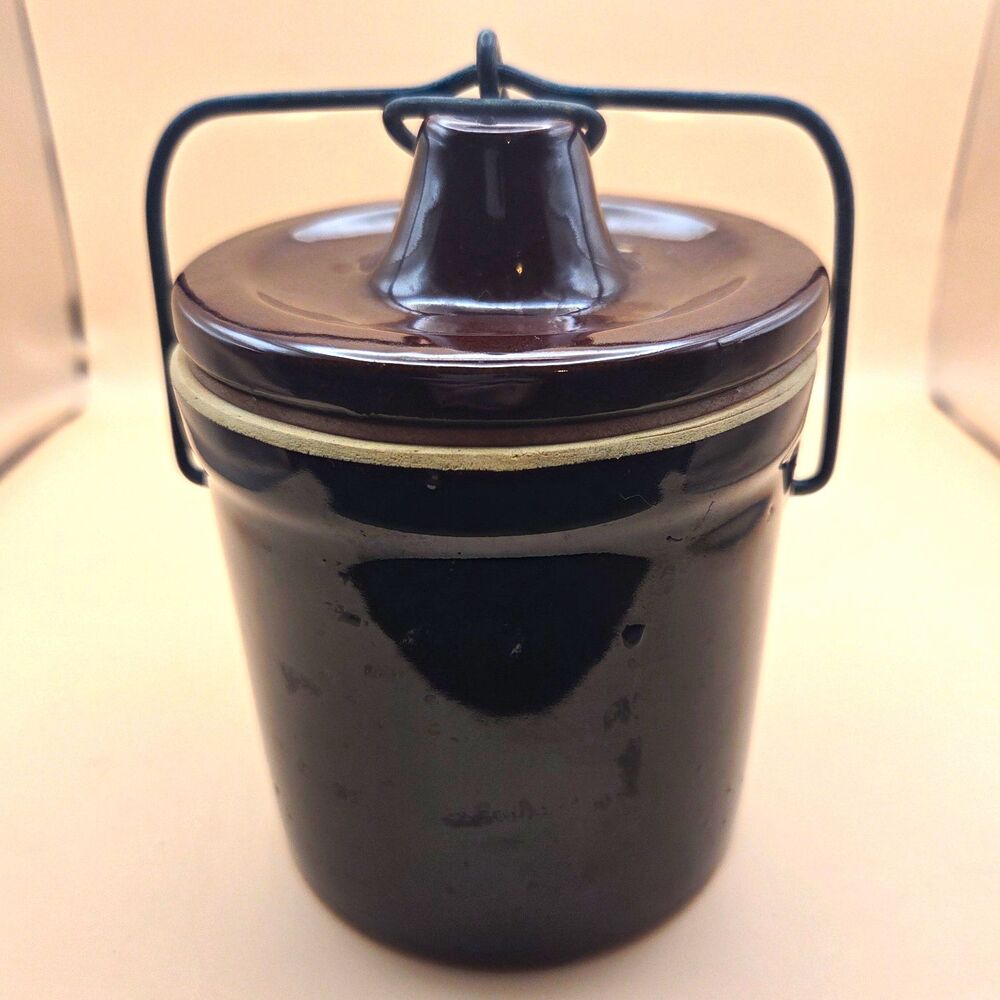 VTG Cheese or Butter Ceramic Crock w/ Wire Bail Handle Glossy 6in